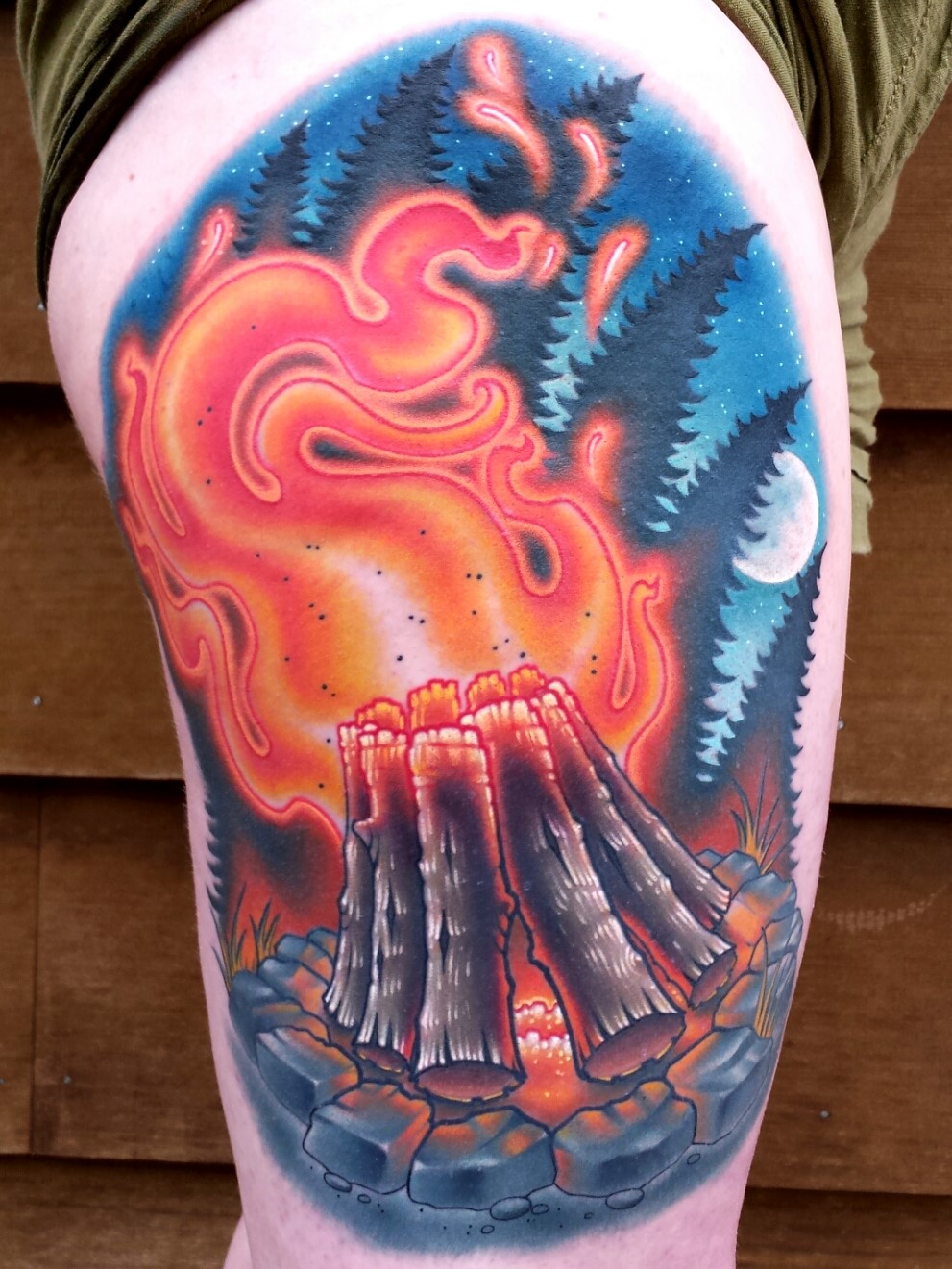 Camp fire Bon fire Tattoo by Cracker Joe Swider in Connecticut